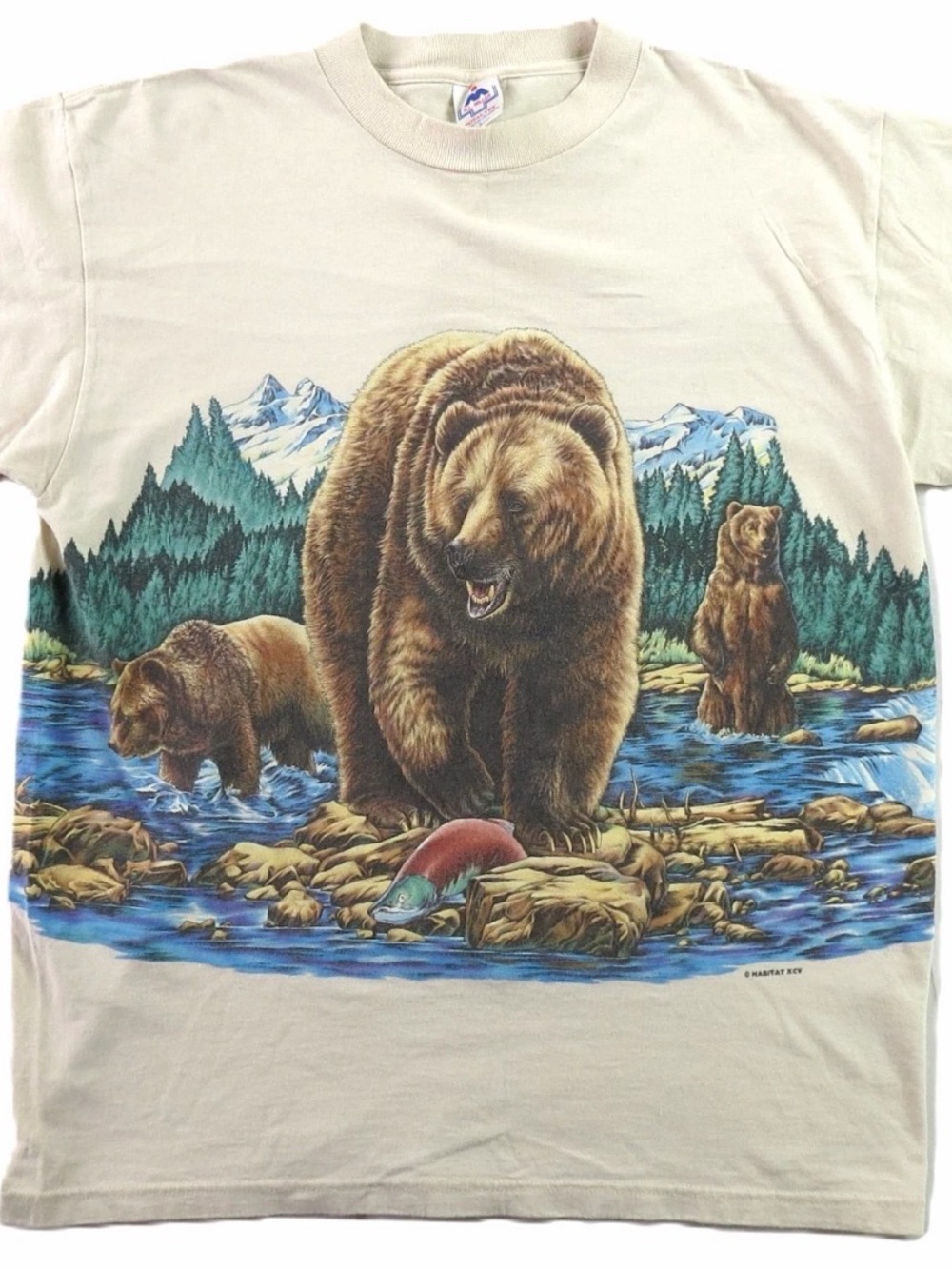 Vintage 90s Habitat Bear Salmon Fishing Graphic T-Shirt Mountain Man Nut Fruit